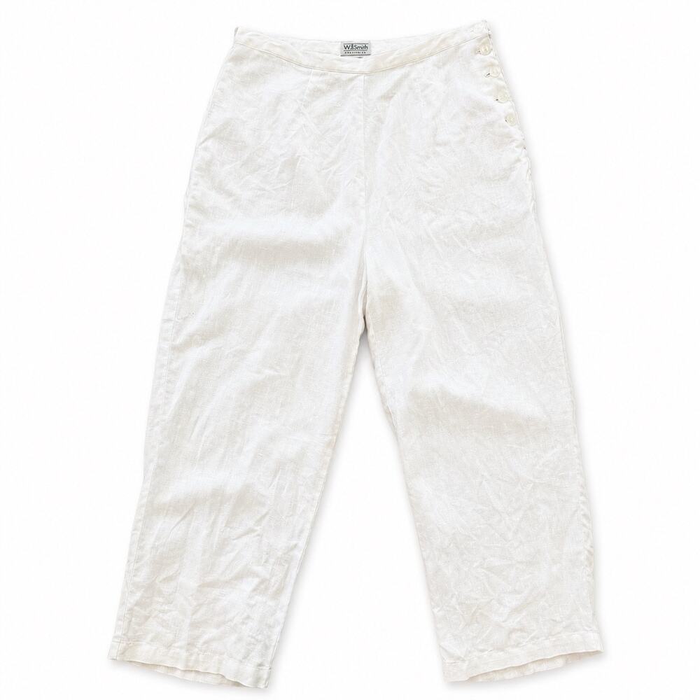 VTG Willi Smith Collection White Linen Ankle Pants Side Button Women’s Size 10